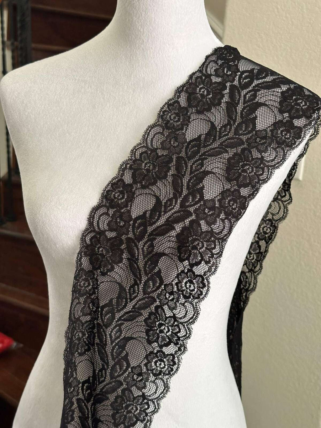 Classic Black Floral Wide Stretch Lace Trim by the Yard, Scalloped Elastic Ribbon for Coquette Crafts, 5.5", Retail Wholesale Bulk