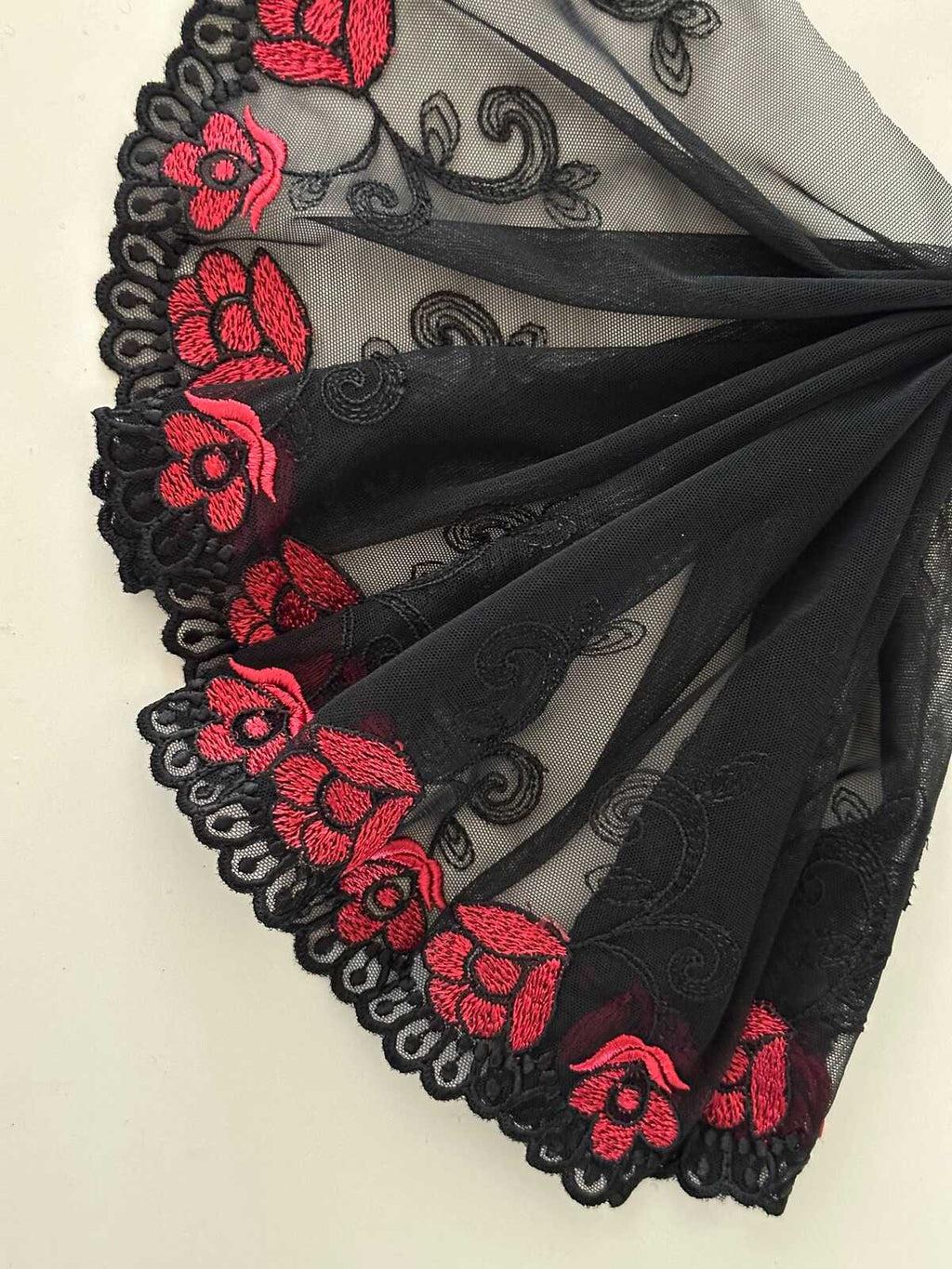 7.5"  Red Black Embroidered Soft Mesh Lace, Wide Ribbon, Bulk Clearance Coquette Y2K Lace, Lingerie, DIY Sewing, Retail Wholesale