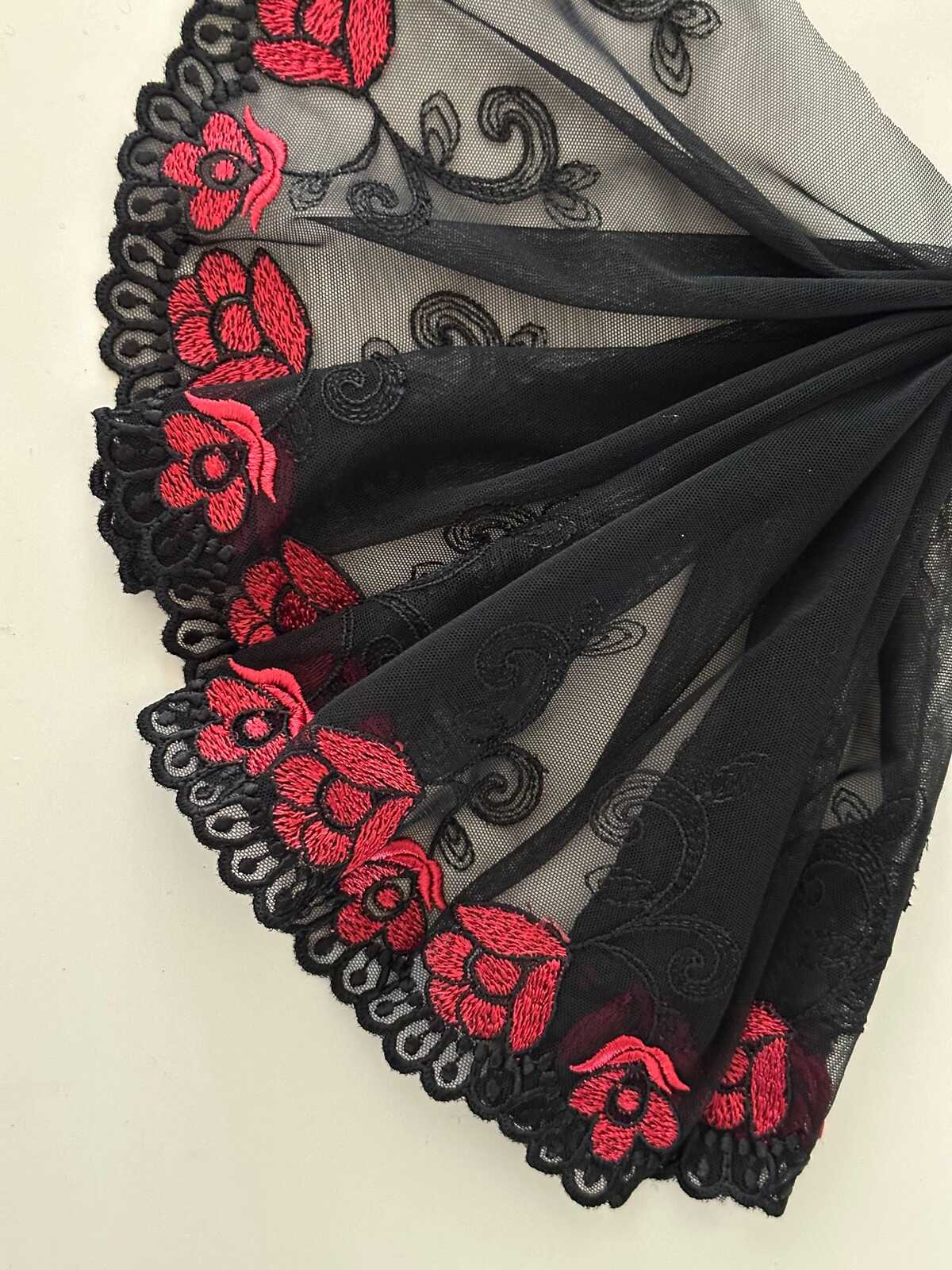 7.5"  Red Black Embroidered Soft Mesh Lace, Wide Ribbon, Bulk Clearance Coquette Y2K Lace, Lingerie, DIY Sewing, Retail Wholesale
