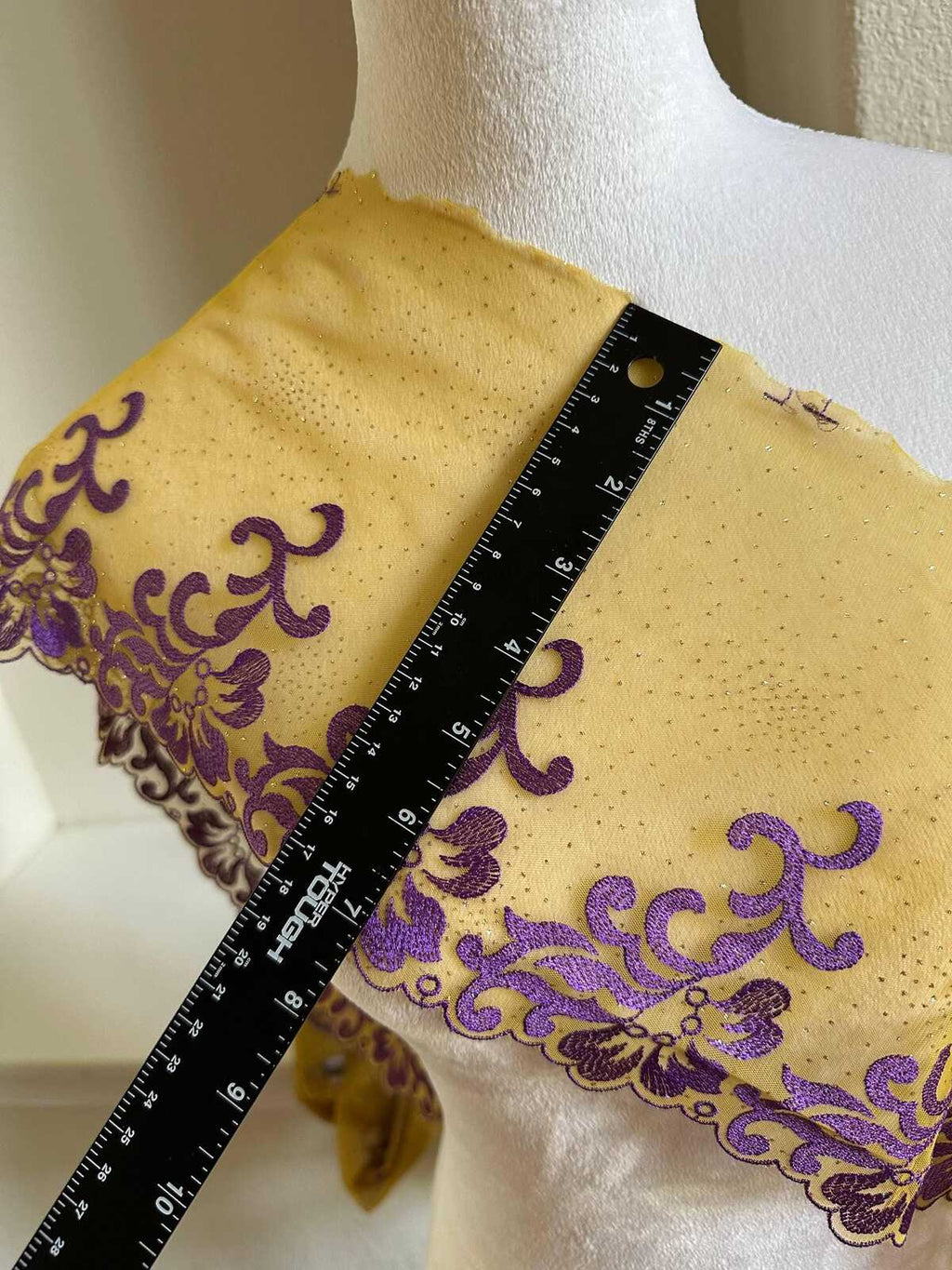Glitter Gold Soft Mesh Embroidered Trim, Heavy Scalloped Floral Lace Fabric, 4 Inch Embroidery Border for Lolita Dress Ruffle, By The Yard