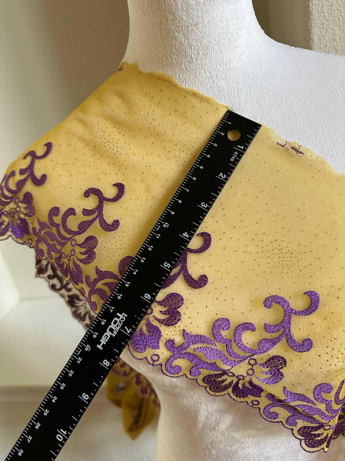 Glitter Gold Soft Mesh Embroidered Trim, Heavy Scalloped Floral Lace Fabric, 4 Inch Embroidery Border for Lolita Dress Ruffle, By The Yard