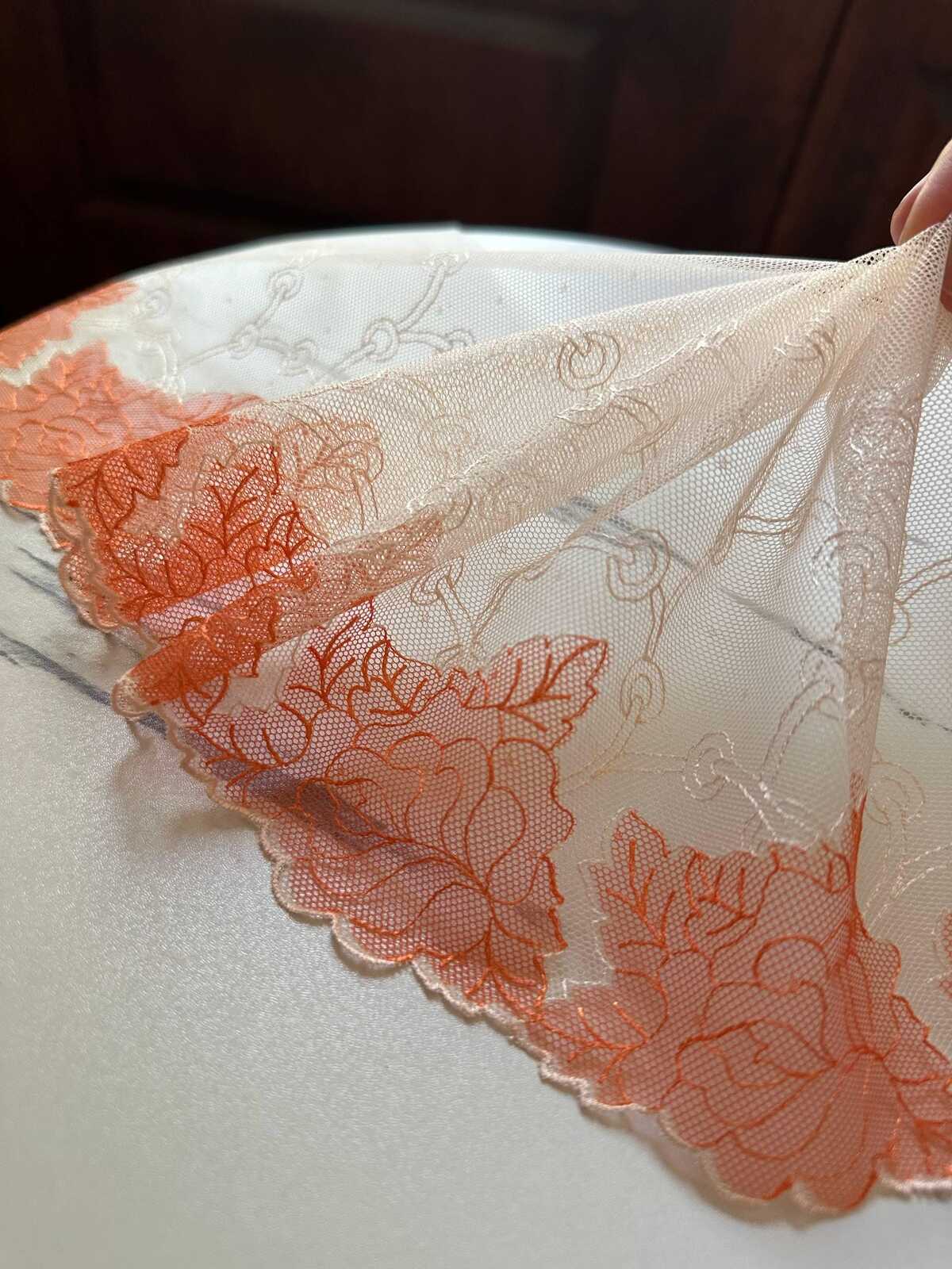 7.25" Coral Orange Lace Trim Wide Embroidered Soft Tulle Mesh Scalloped Edge Rose Ribbon for Matching Skirt Lingerie Garment Sewing