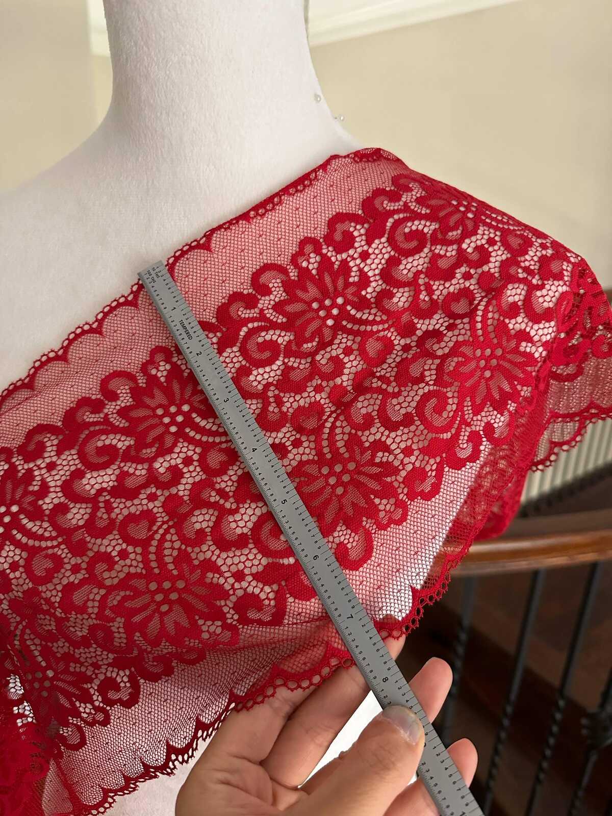 1Yd Soft Stretch 7.5" Red Floral Swiss Dot Mesh Wide Stretch Lace Trim