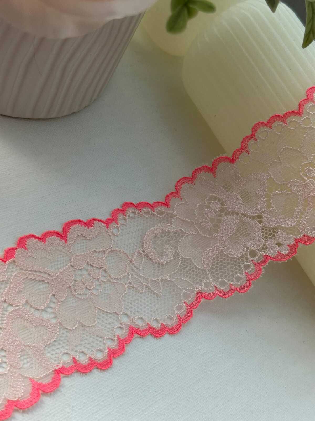 6Yds Rare 2.2" Unique Off-White Neon Pink Edge Floral Stretch Lace Wholesale