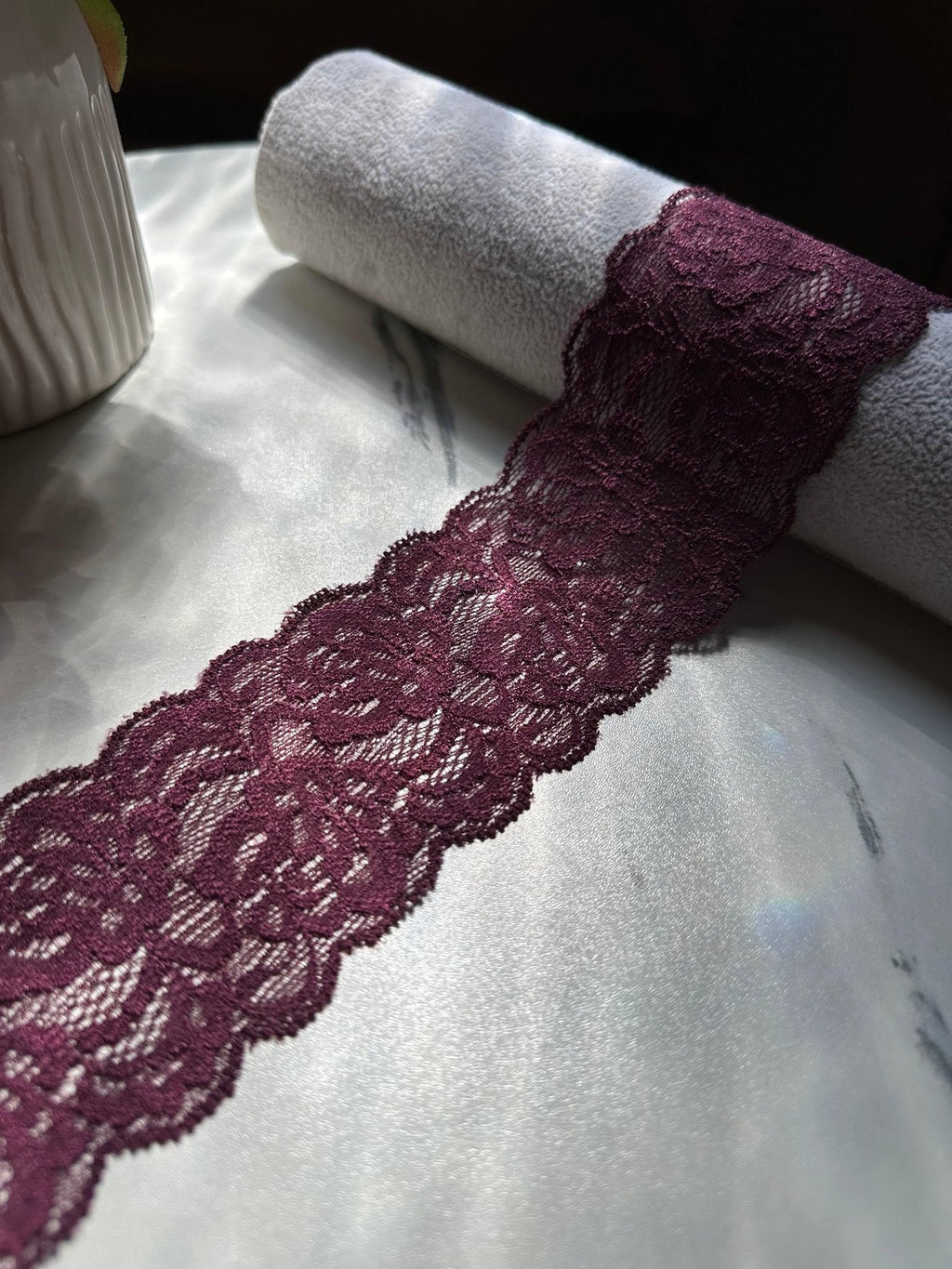 10yds Burgundy Wine Floral Stretch Elastic Lace Trim by the Yard, Wide Scalloped Galloon Ribbon for Lingerie Bridal Sewing Crafts, 2.2"