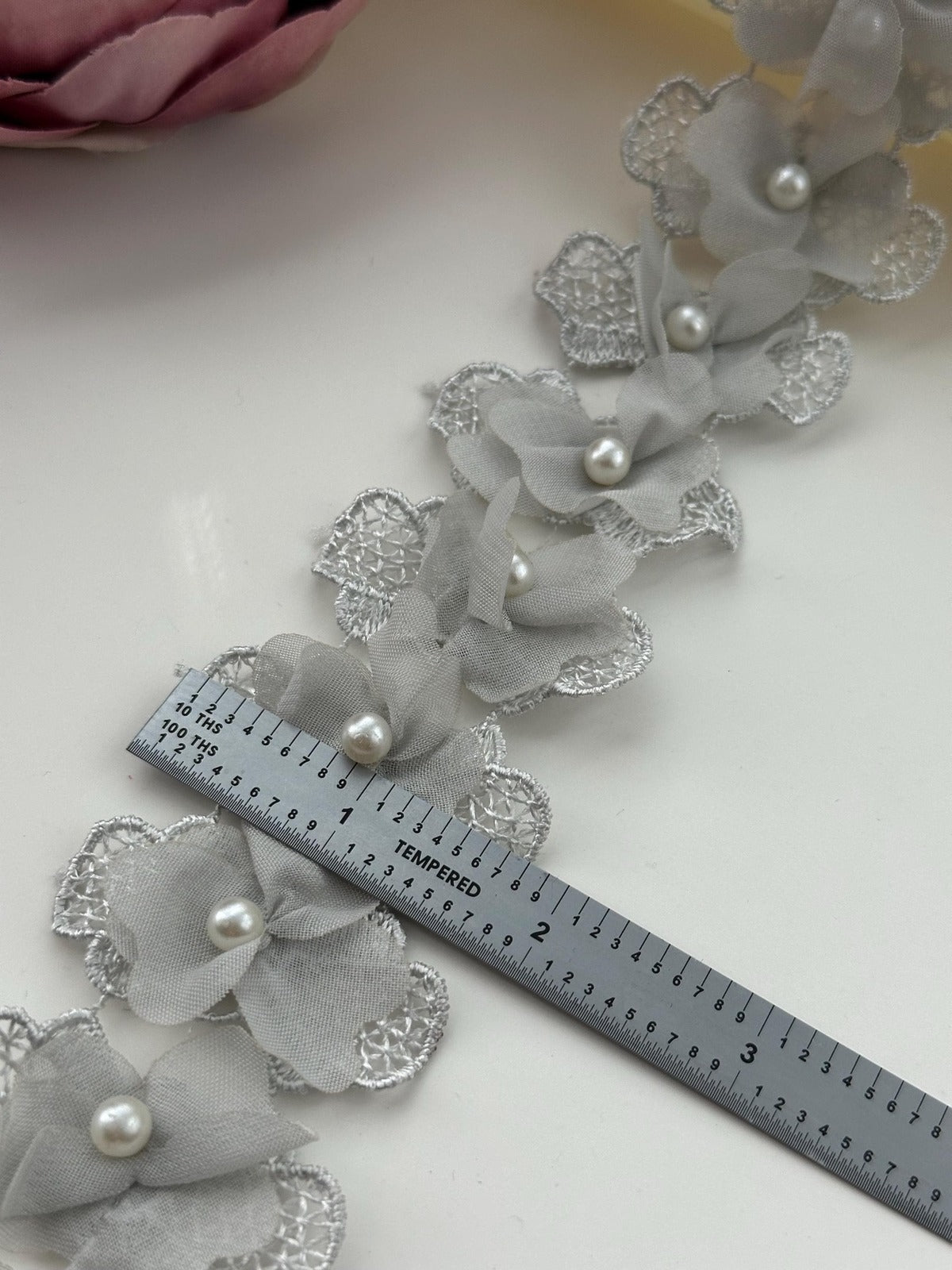 2Yds Non-Stretch 1.8" Grey 3D Chiffon Flower Beaded Pearl Lace Trim Wholesale
