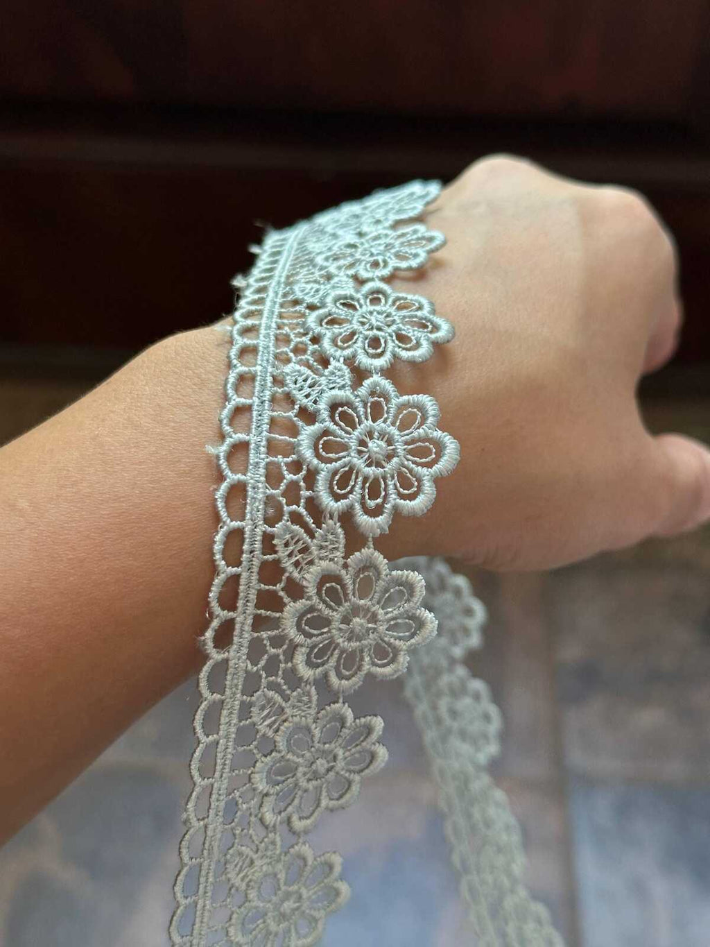 Sage Green Beading Daisies Venetian Guipure Chemical Water Soluble Lace Trim Ribbon Insertable Openwork Scalloped Edge Border Crafts, 1.25"