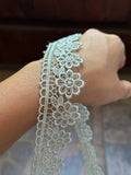 Sage Green Beading Daisies Venetian Guipure Chemical Water Soluble Lace Trim Ribbon Insertable Openwork Scalloped Edge Border Crafts, 1.25"