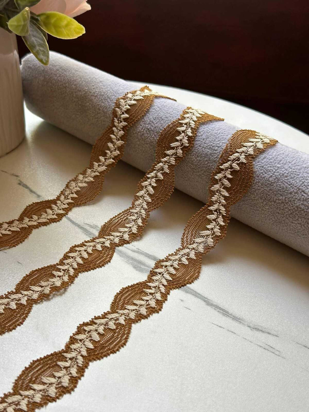 10yds Soft Mustard Gold Leaf Embroidery Stretch Lace Trim by the Yard, Narrow Elastic Ribbon for Coquette Crafts, 1", Retail Wholesale Bulk