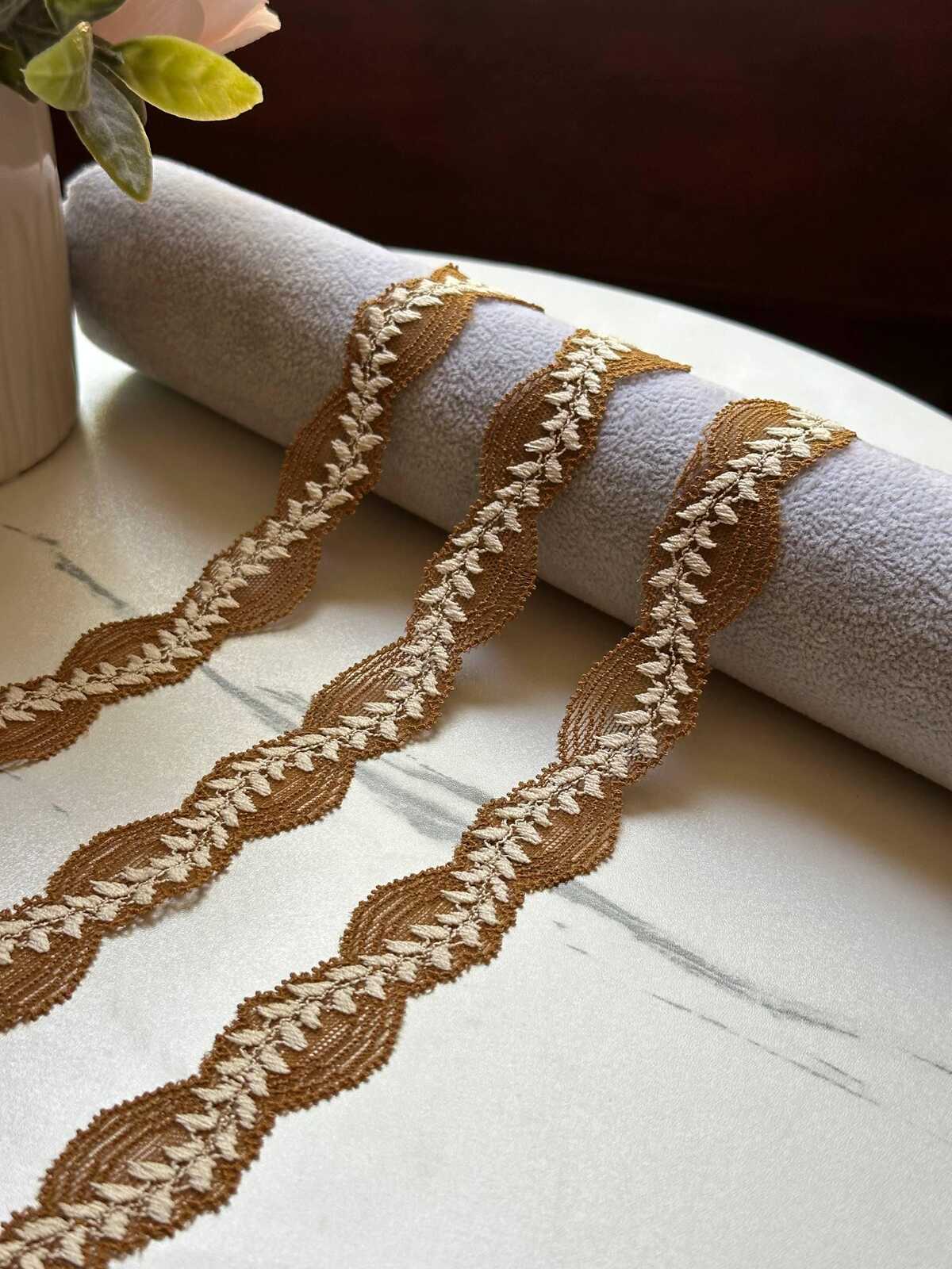 10yds Soft Mustard Gold Leaf Embroidery Stretch Lace Trim by the Yard, Narrow Elastic Ribbon for Coquette Crafts, 1", Retail Wholesale Bulk