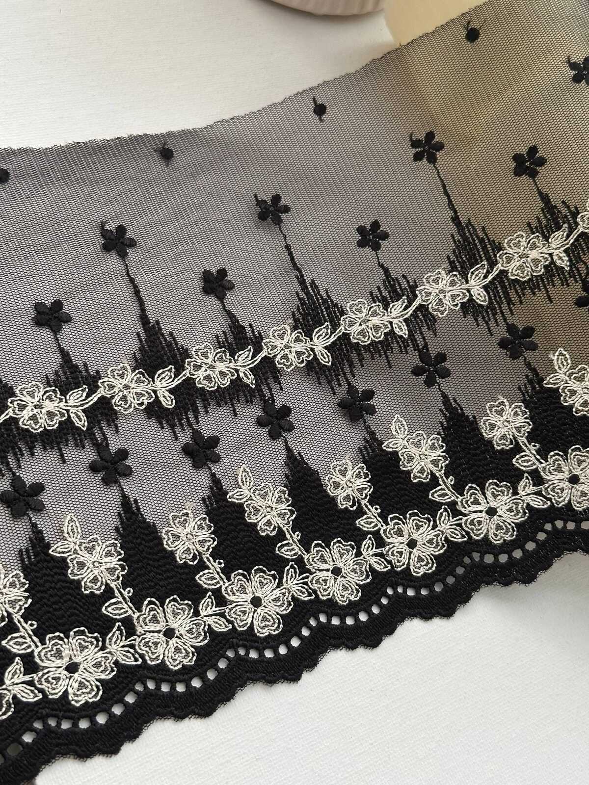 1Yd Non-Stretch 6.9" Black Off-White Floral Embroidered Mesh Lace Wholesale
