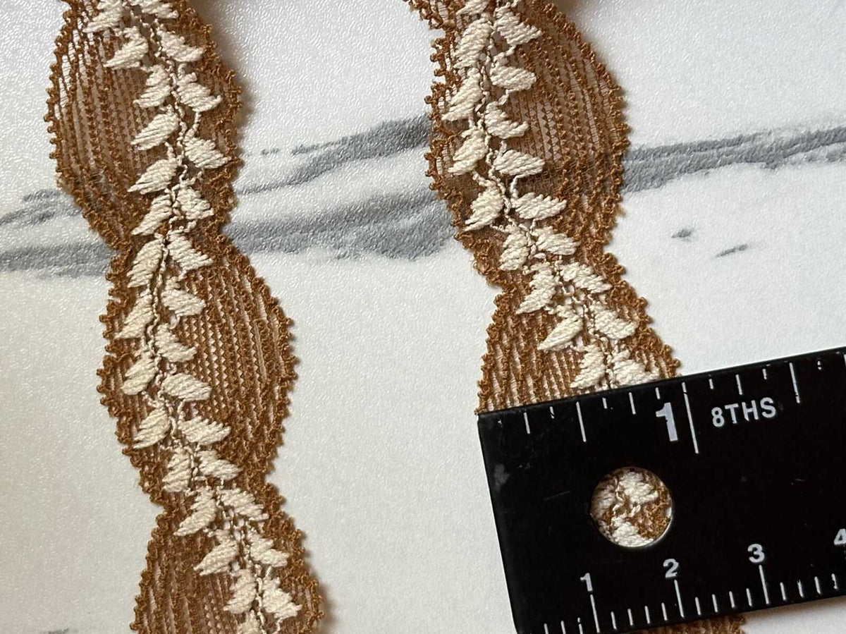 10yds Soft Mustard Gold Leaf Embroidery Stretch Lace Trim by the Yard, Narrow Elastic Ribbon for Coquette Crafts, 1", Retail Wholesale Bulk