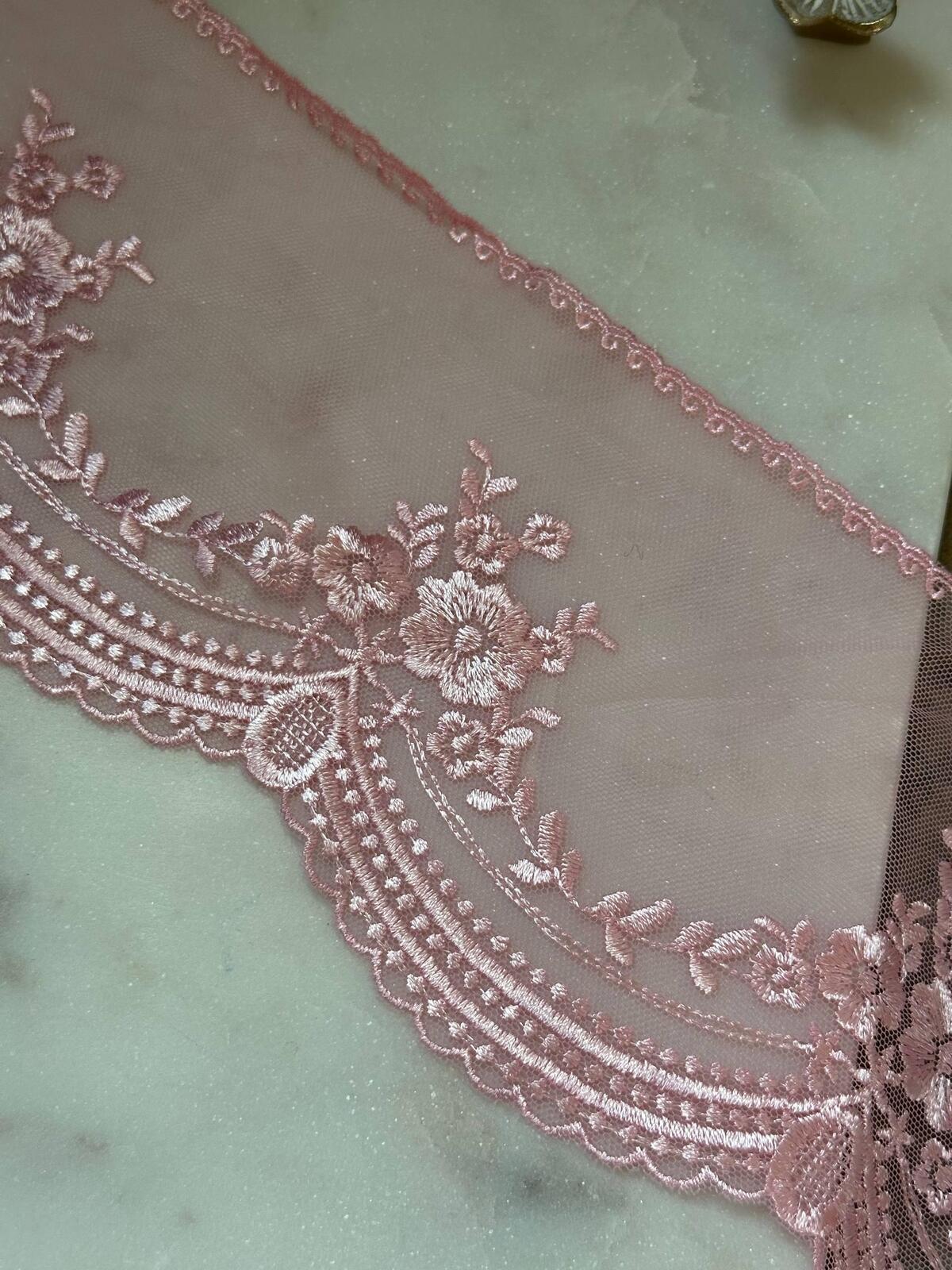 Dusty Rose Pink Ultra Soft Embroidered Mesh Lace Trim by Yard, Floral Scalloped Tulle Ribbon, 4.5", Retail Wholesale Bulk