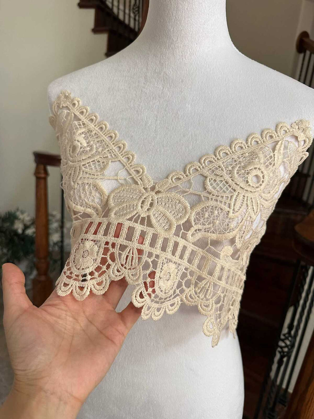 Vintage Cream Beige Guipure Water Soluble Lace Bodice Applique Motif Butterfly Floral Embroidered Front Panel for Camisole Blouse Sewing,20"