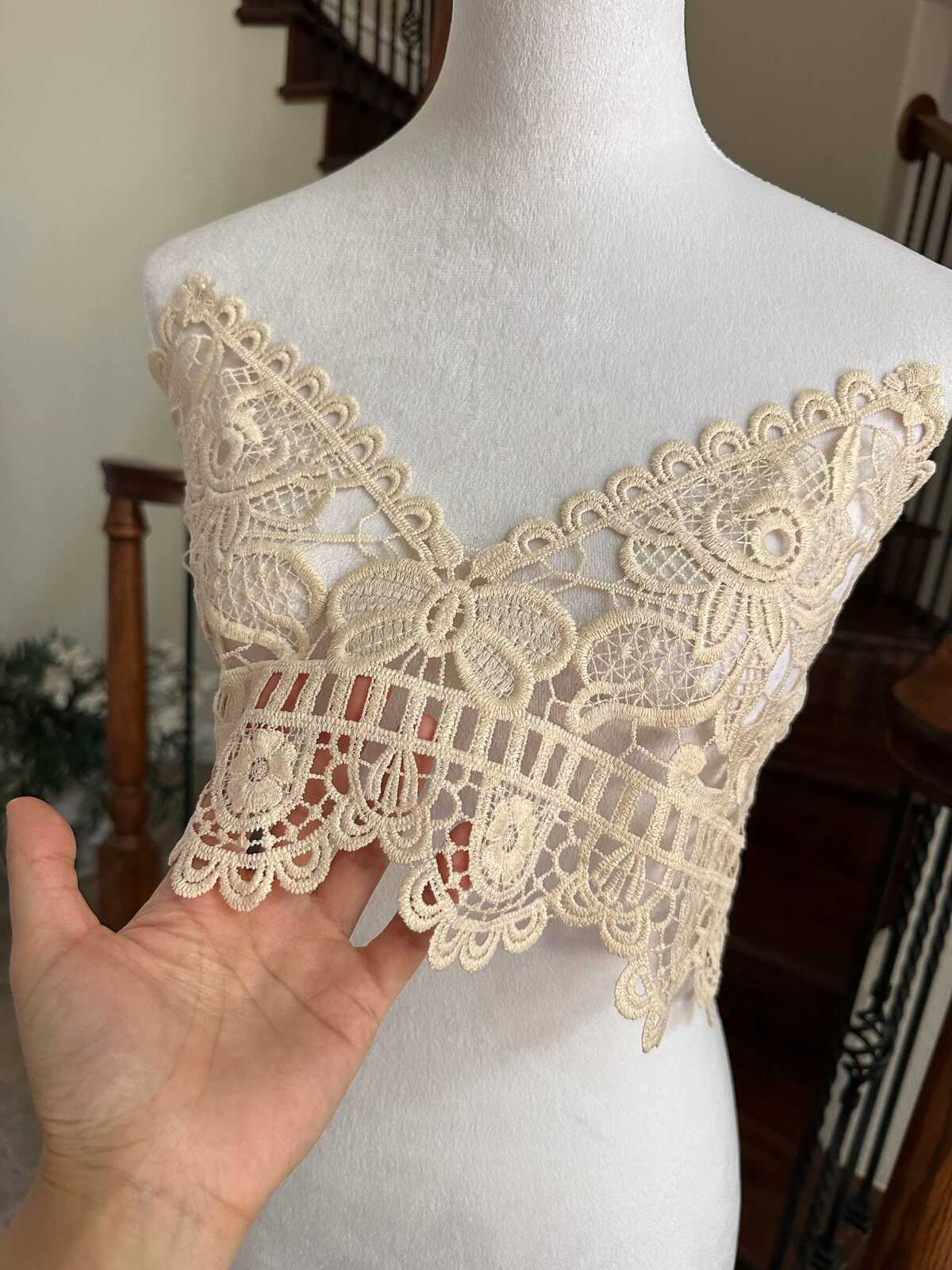 Vintage Cream Beige Guipure Water Soluble Lace Bodice Applique Motif Butterfly Floral Embroidered Front Panel for Camisole Blouse Sewing,20"