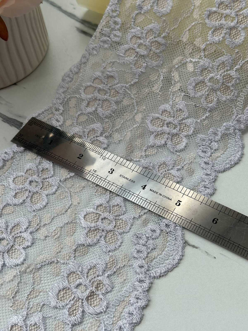 1Yd Stretch 5.5" Muted Lavender Floral Embossed Stretch Lace Trim Wholesale