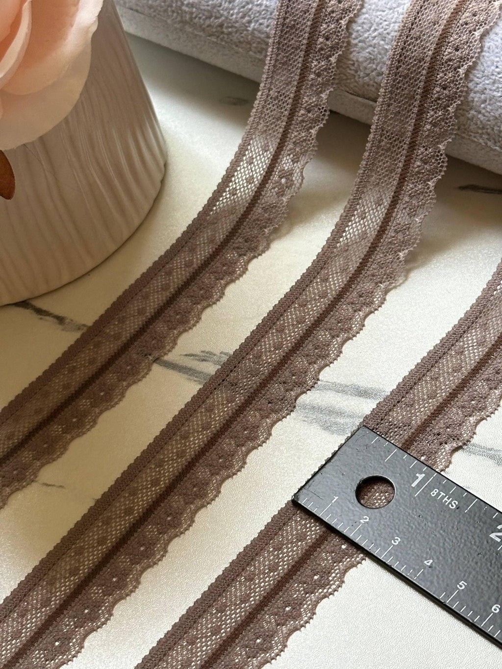 Soft Two Tone Milk Tea Mocha Brown Stretch Lace Trim by the Yard, Scalloped Elastic Ribbon for Coquette Crafts, 1", Retail Wholesale Bulk