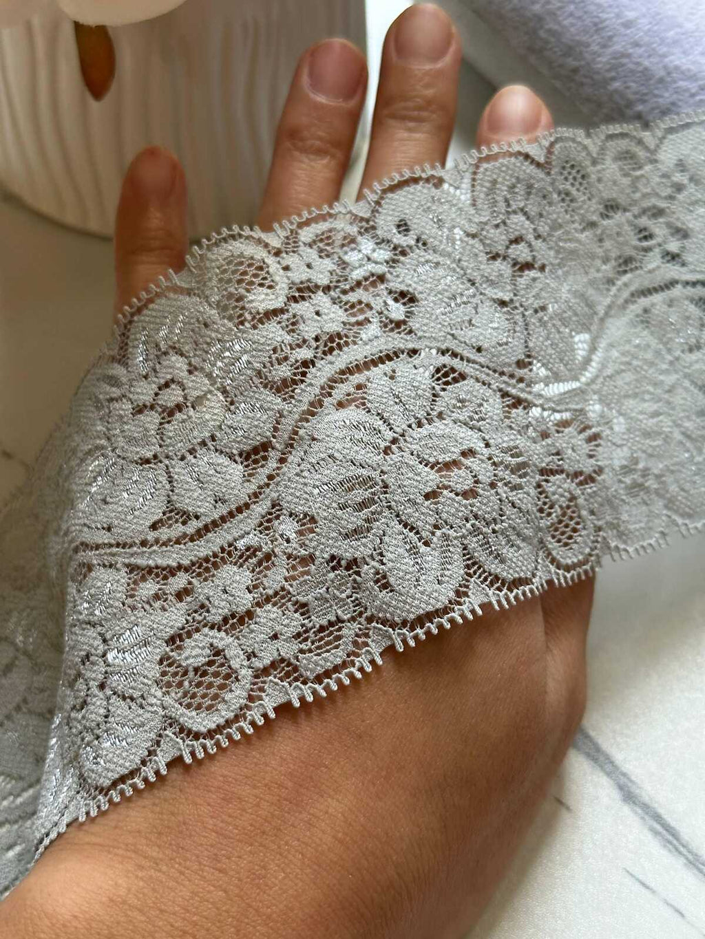 Dusty Slate Blue Grey Floral Micro Eyelash Slight Stretch Lace Trim by the Yard, Wide Scalloped Elastic Ribbon, 3", Retail Wholesale Bulk
