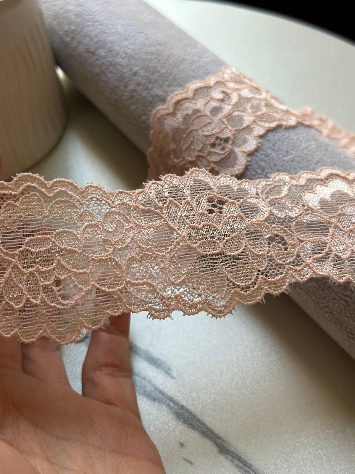 10yds Soft Sheer Peach Pink Floral Stretch Lace Trim by the Yard, Lightweight Scalloped Elastic Ribbon for Crafts, 1.85", Retail Wholesale