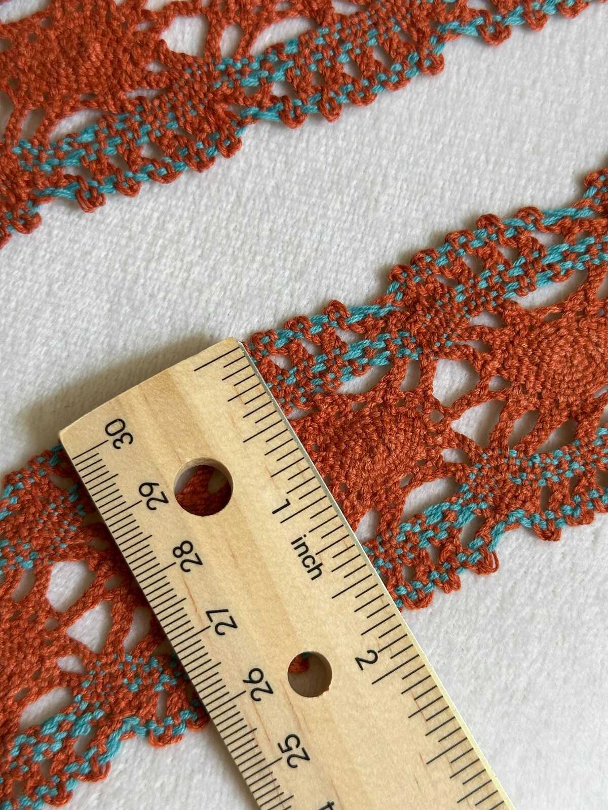 1.5" Crochet Cotton Lace Trim Rust Orange & Teal, Two Tone Geometric Non-Stretch Ribbon for Cottagecore Sewing, Boho Folk Costume  by Yard