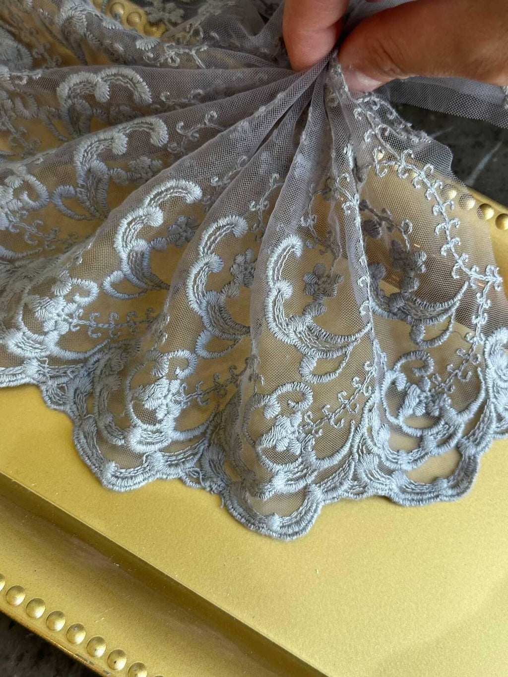12" Dusty Purple Embroidered Tulle Lace Trim by the Yard, Wide Scalloped Floral Lace for Wedding Gown, Bridal Veil, Victorian Dress Hem