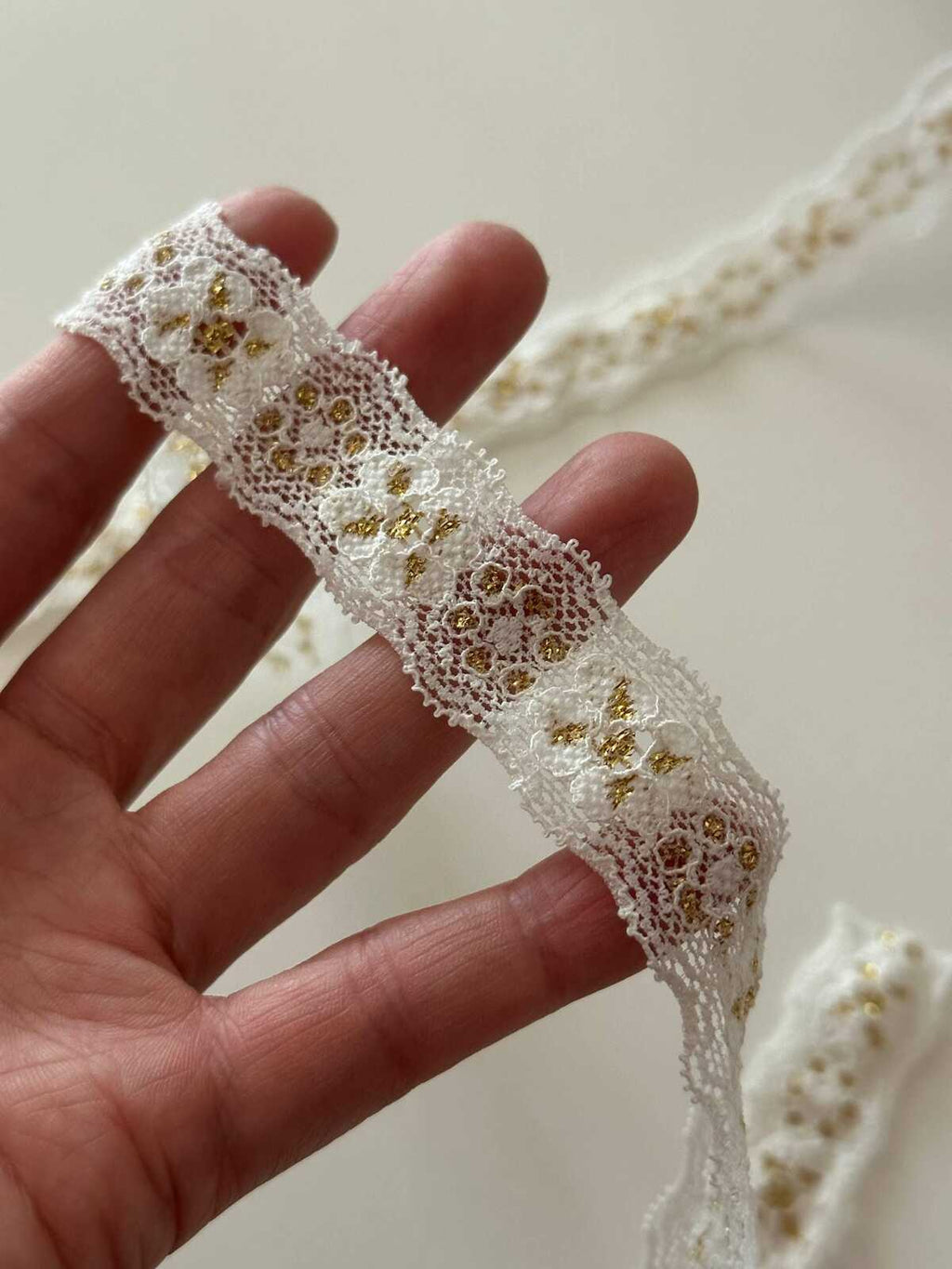 10yds White Gold Metallic Stretch Lace, 0.8" Elastic Ribbon, Bulk Clearance Coquette Y2K Lace, Lingerie, DIY Sewing, Retail Wholesale