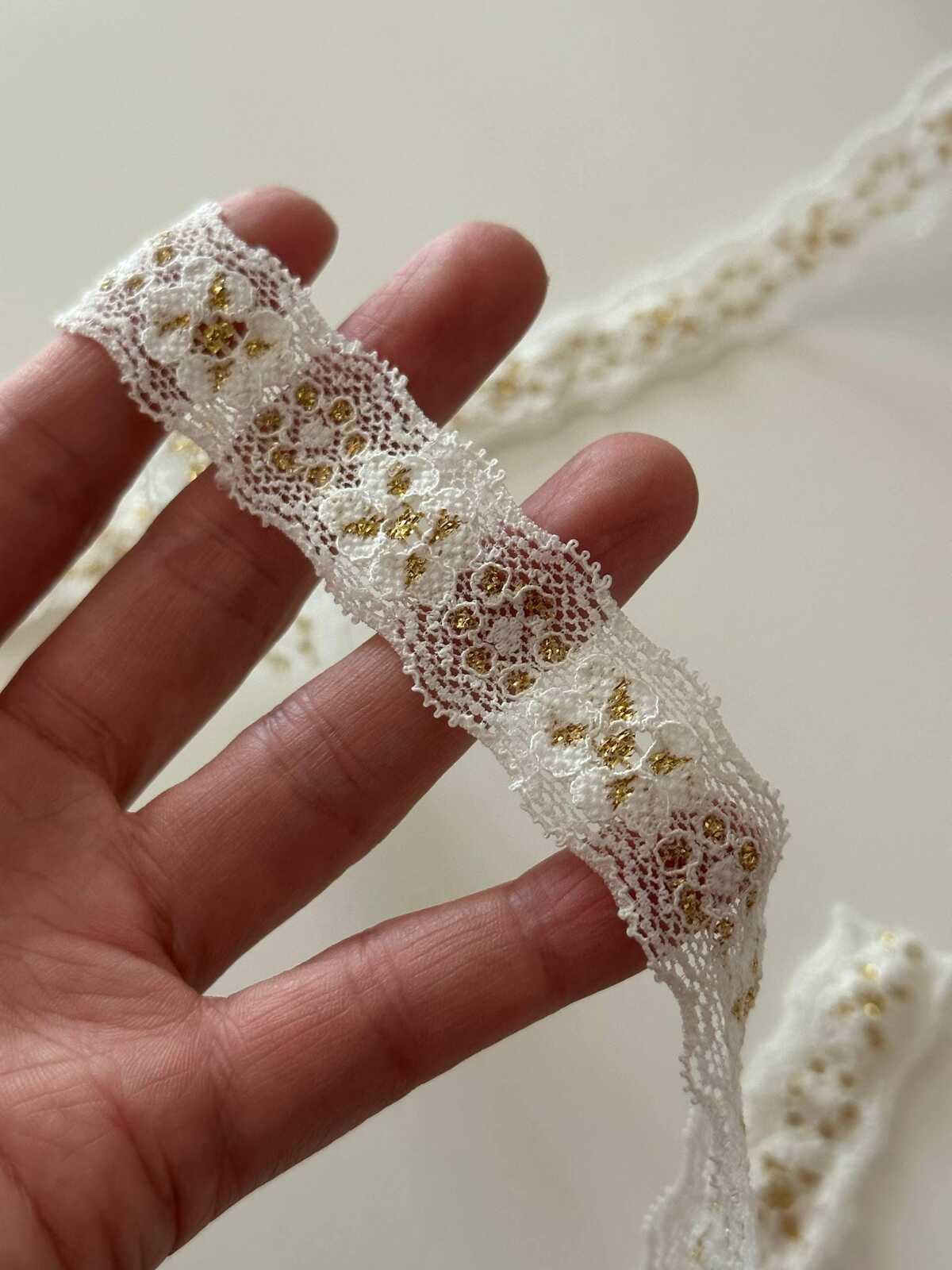 10yds White Gold Metallic Stretch Lace, 0.8" Elastic Ribbon, Bulk Clearance Coquette Y2K Lace, Lingerie, DIY Sewing, Retail Wholesale