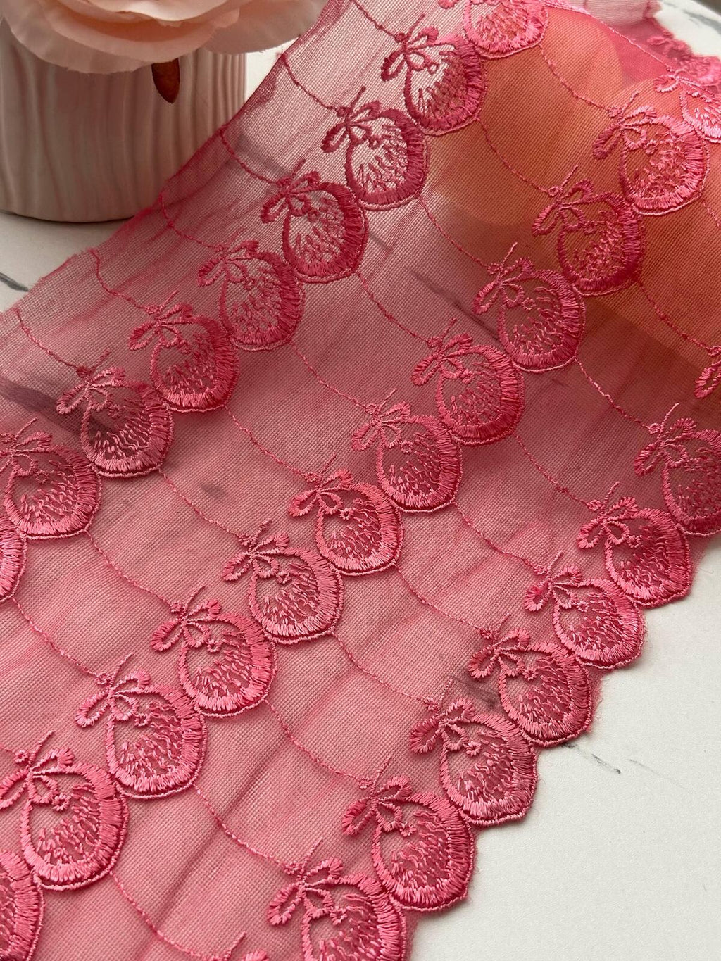 1Yd Non-Stretch 7" Pink Strawberry Tulle Mesh Embroidered Lace Trim Wholesale