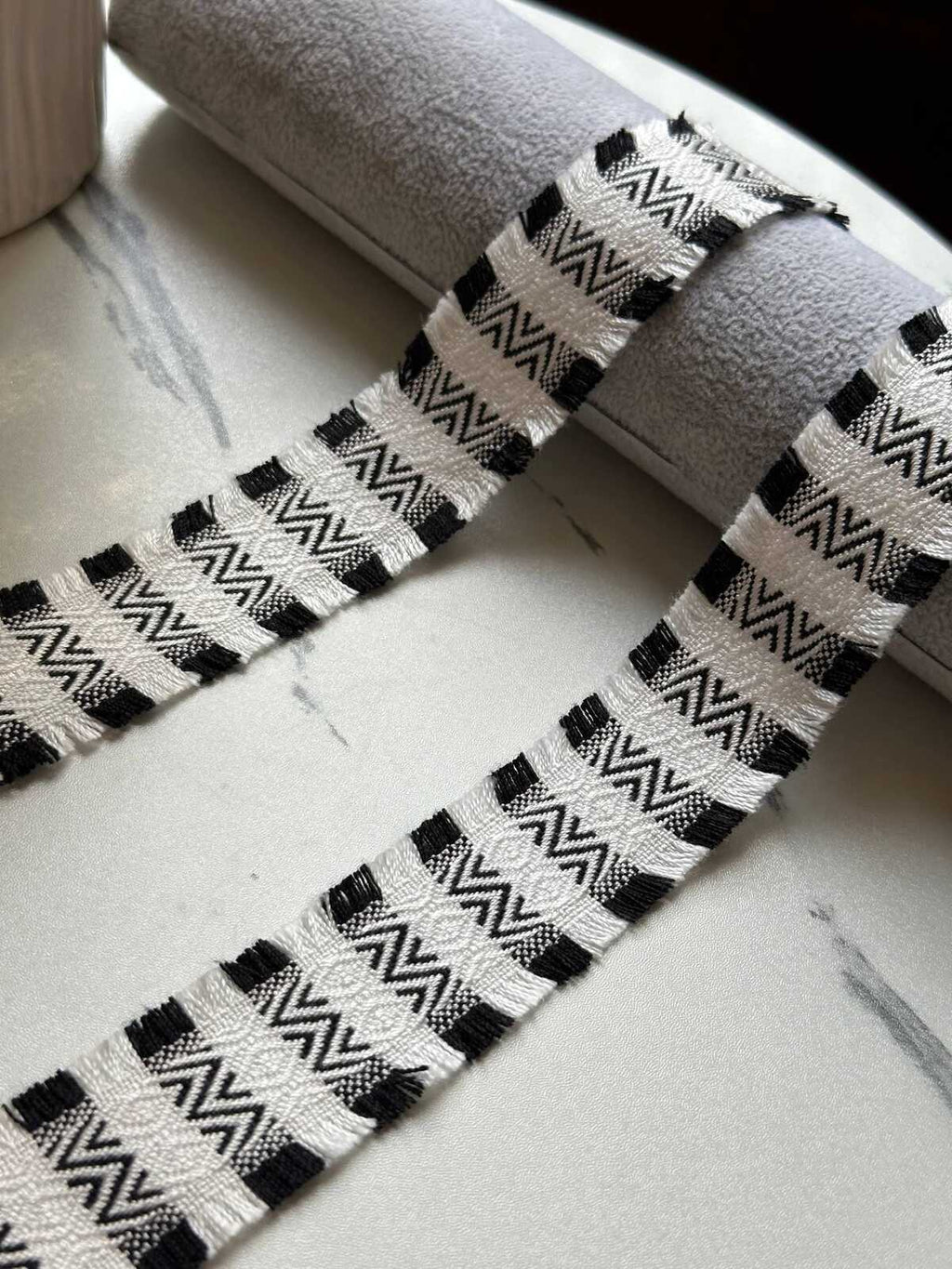 Black White Geometric Jacquard Trim by Yard, 1.25" Fringed Boho Ribbon, Tribal Edge, Coquette Craft Supply, DIY Sewing, Retail Wholesale