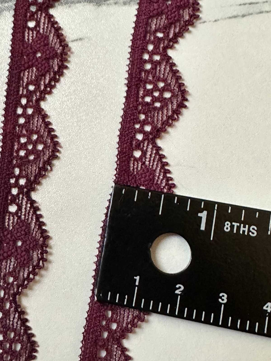 10yds Muted Burgundy Wine Geometric Stretch Elastic Lace Trim, Single Scalloped Narrow Ribbon for Lingerie Underwear Sewing Crafts, 0.5"