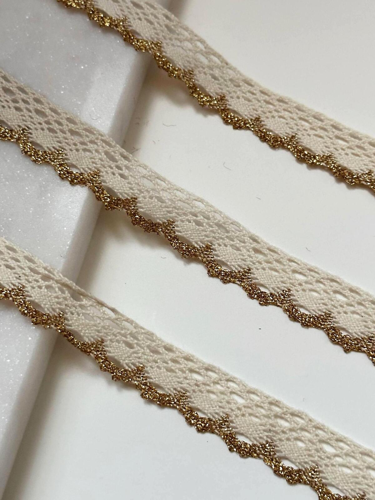 10yds  Cotton Lace Trim with Gold Edge by Yard, 0.7" Openwork Ribbon, Metallic Scalloped Border, Coquette Craft  DIY Sewing Retail Wholesale