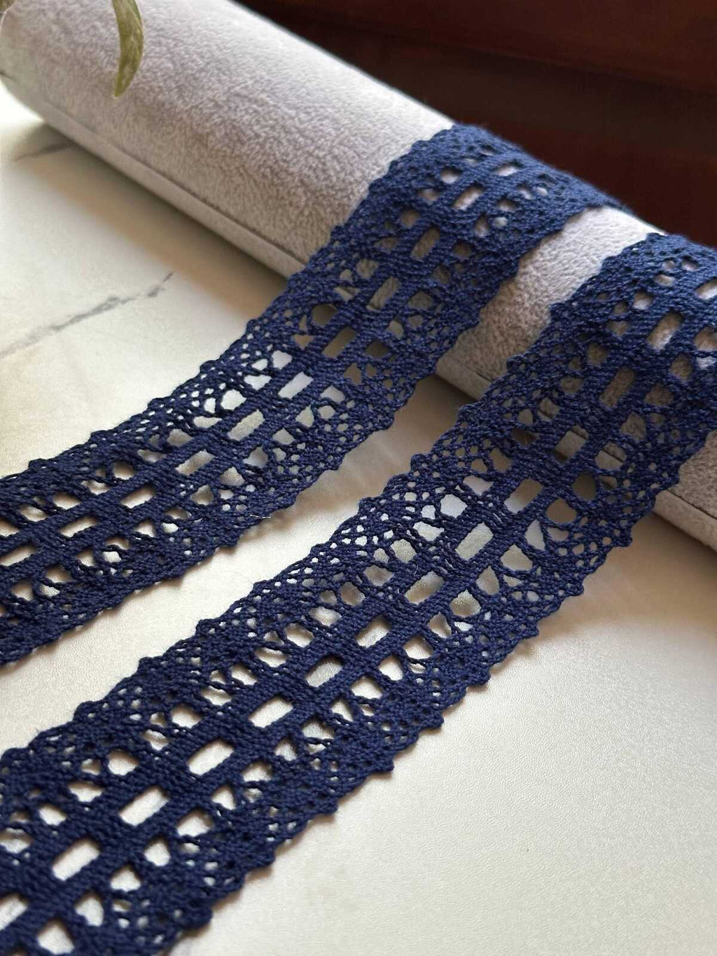 Navy Blue Cotton Crochet Beading Insertion Lace Trim by the Yard, Double Scalloped Eyelet Ribbon with Ribbon Slot, 1.5"