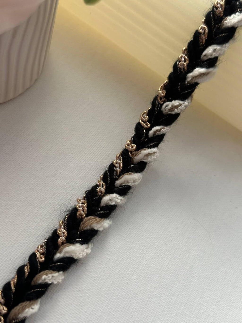 3Yds Non-Stretch 0.6" Black Off-White Gold Braided Tweed Ribbon Trim Wholesale