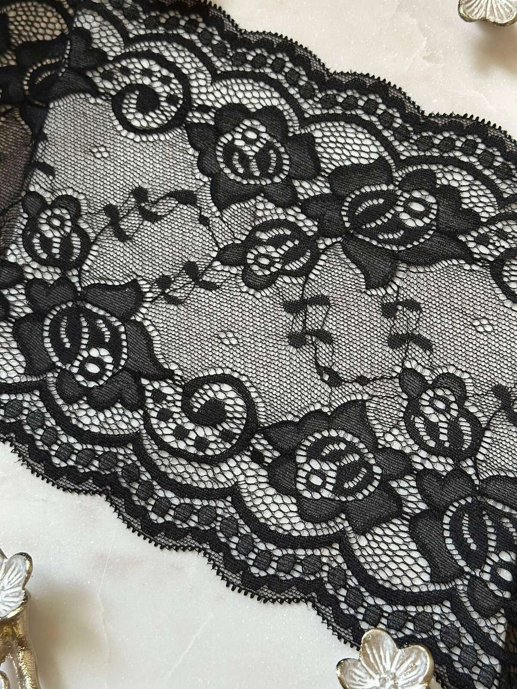 Black Floral Wide Slight Stretch Lace Trim, Gentle Elastic Ribbon, Coquette Craft Supply, 7.5", Retail Wholesale Bulk