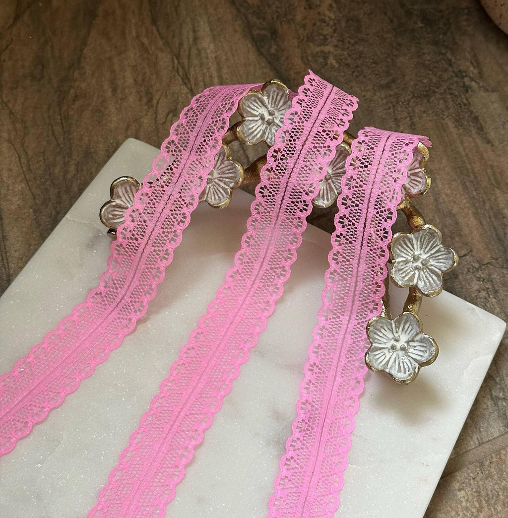 10yds Structured Bubblegum Pink Splitable Non-Stretch Lace Trim by the Yard, Dual Edge Narrow Ribbon for Crafts, 1", Retail Wholesale Bulk