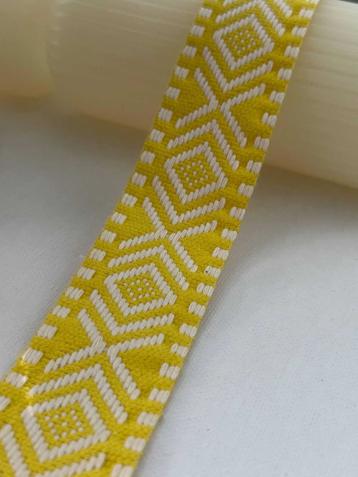 5Yds  1.5" Bright Yellow White Geometric Jacquard Woven Ribbon Wholesale