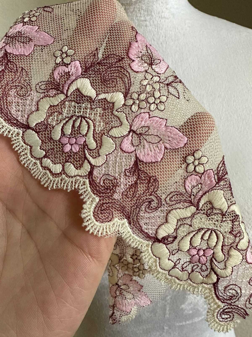 7.5 Inch Wide Soft Mesh Lace Trim, Pink Floral Eyelash Tulle Ribbon for Sewing, Luxurious Bridal Craft