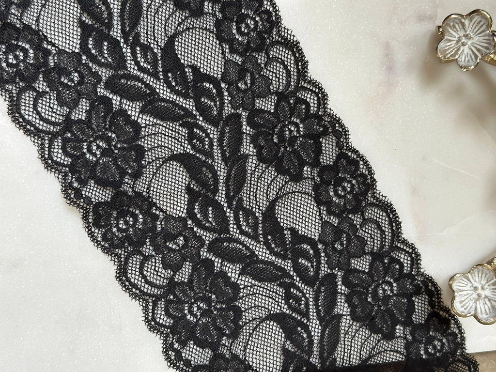 Classic Black Floral Wide Stretch Lace Trim by the Yard, Scalloped Elastic Ribbon for Coquette Crafts, 5.5", Retail Wholesale Bulk