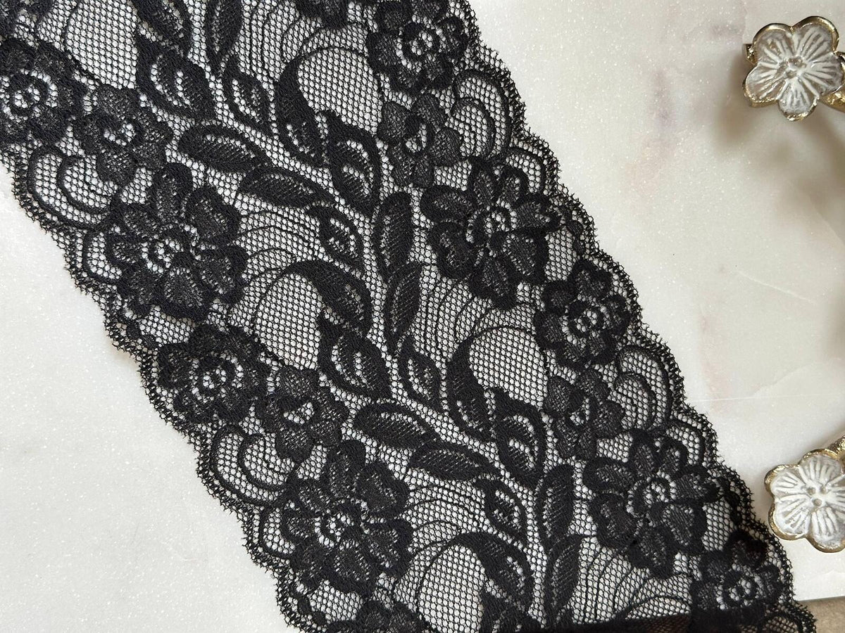 Classic Black Floral Wide Stretch Lace Trim by the Yard, Scalloped Elastic Ribbon for Coquette Crafts, 5.5", Retail Wholesale Bulk