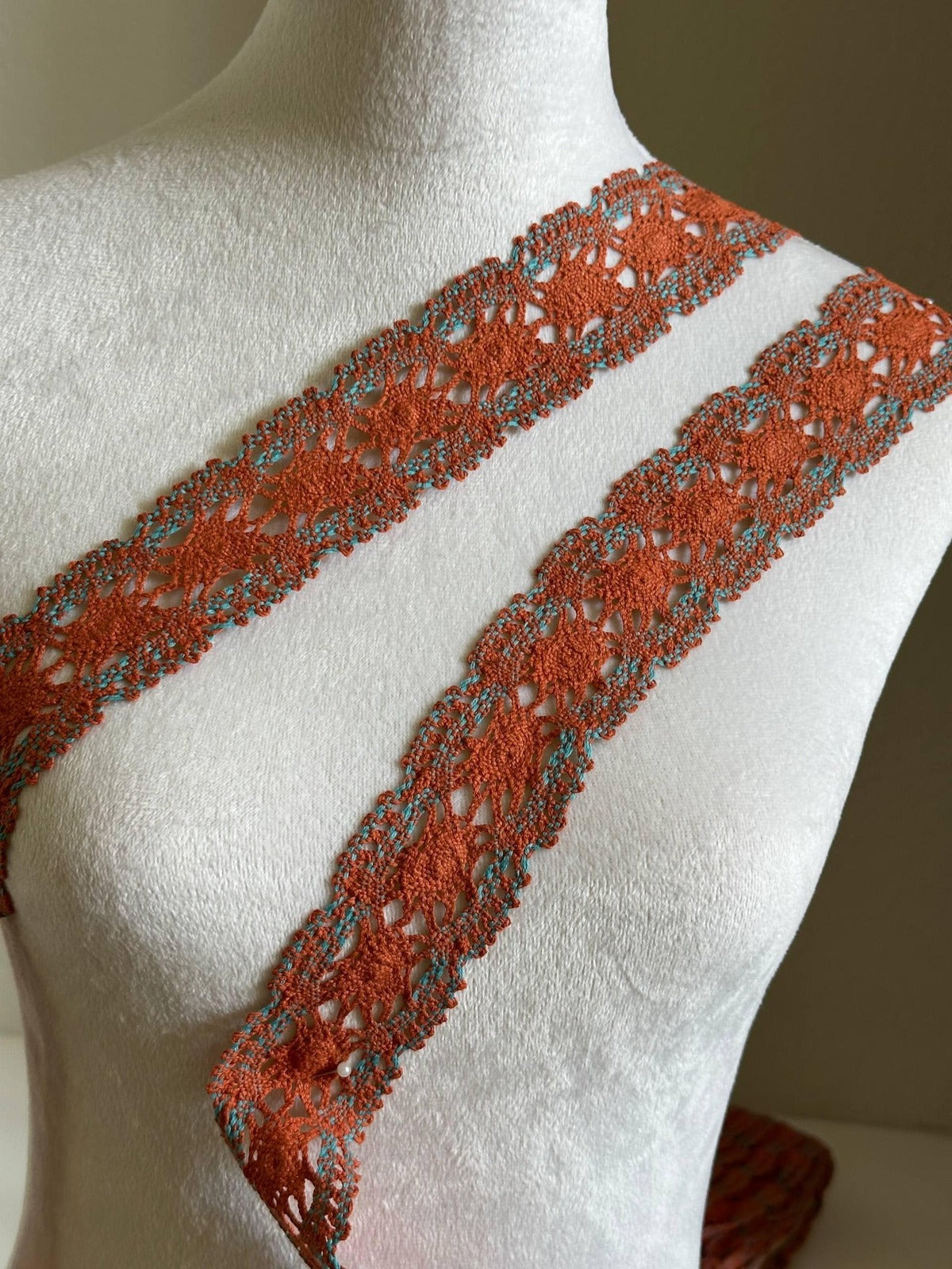 1.5" Crochet Cotton Lace Trim Rust Orange & Teal, Two Tone Geometric Non-Stretch Ribbon for Cottagecore Sewing, Boho Folk Costume  by Yard