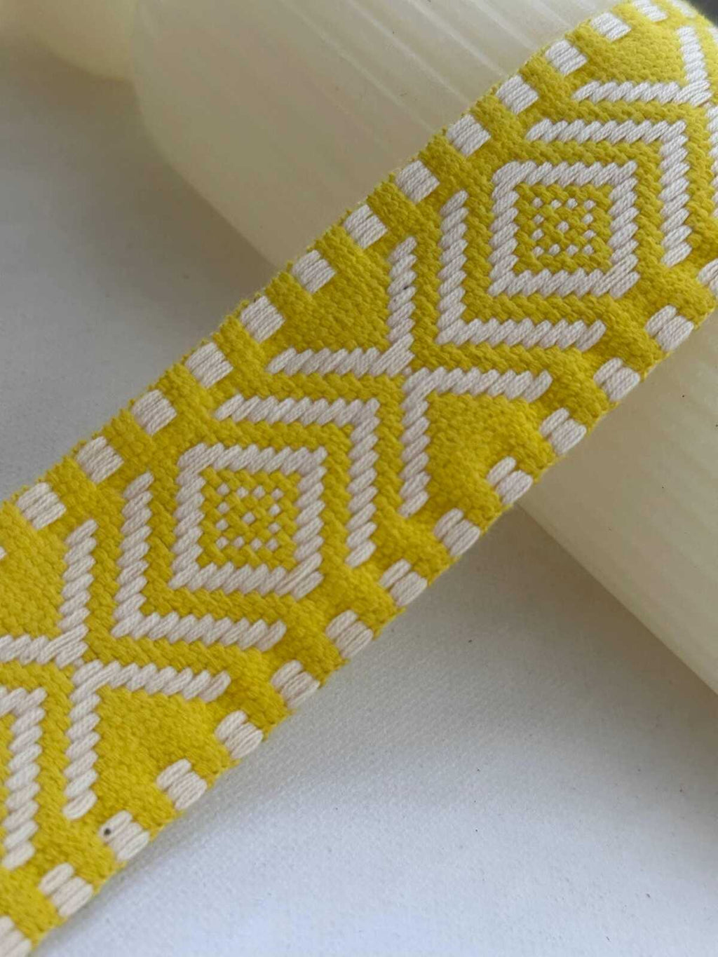 5Yds  1.5" Bright Yellow White Geometric Jacquard Woven Ribbon Wholesale
