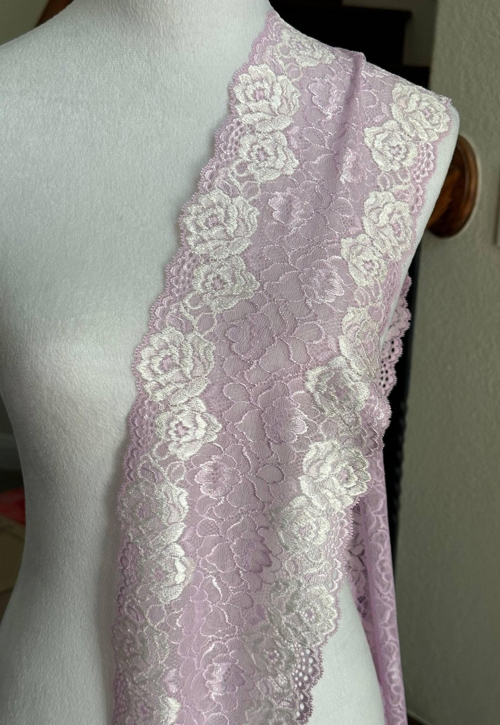 Soft Lavender Pink Two Tone Wide Floral Stretch Lace Trim by the Yard, Scalloped Elastic Ribbon, 5.7", Retail Wholesale Bulk