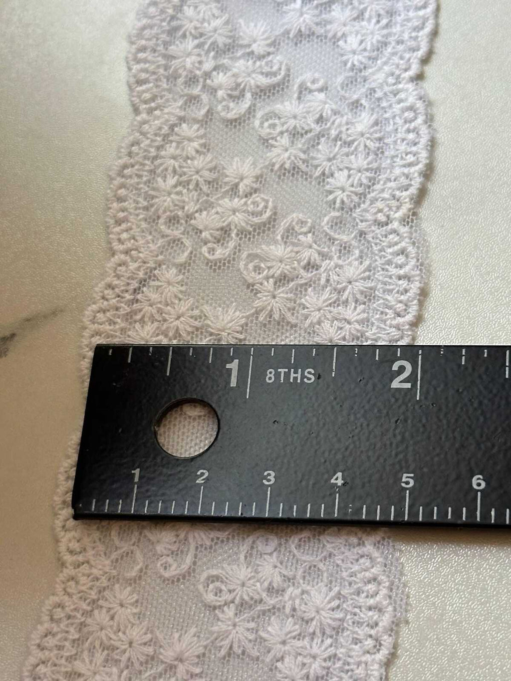 Off White Cotton Thread Embroidered Mesh Non Stretch Lace Trim by the Yard, Soft Floral Scalloped Ribbon for Lingerie Bridal, 2"
