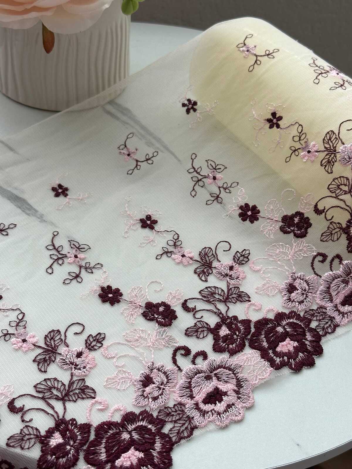 1Yd Non-Stretch 9.3" Burgundy Pink Floral Embroidered Mesh Lace Trim Wholesale