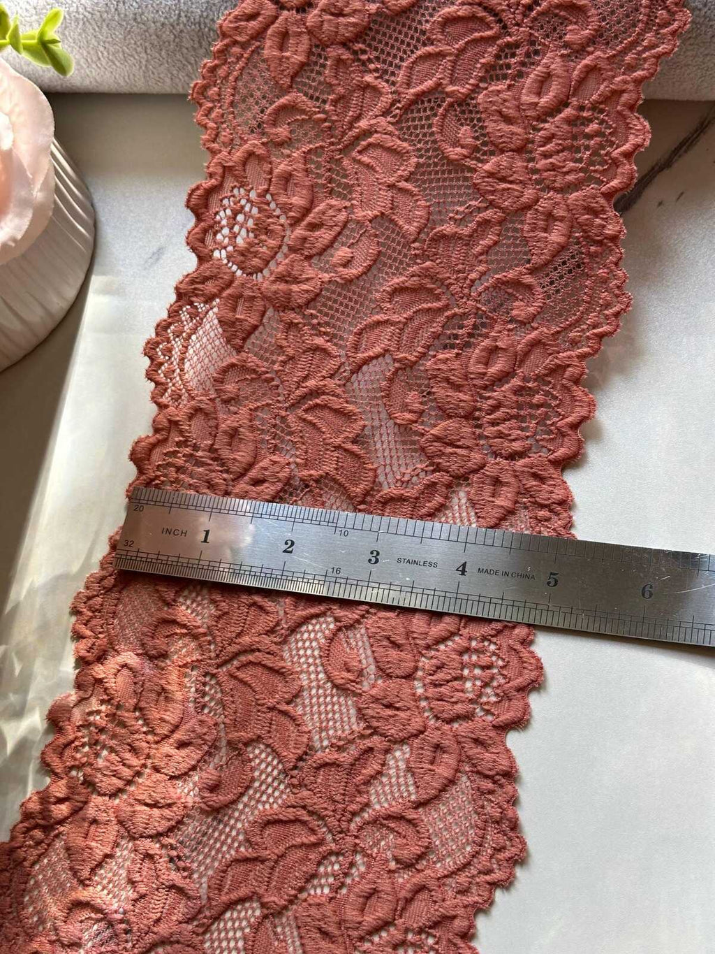 Dusty Rose Wide Lace Trim by Yard, 5" Floral Elastic Ribbon, Coquette Y2K Lace, Lingerie Lace, DIY Sewing Craft, Retail Wholesale