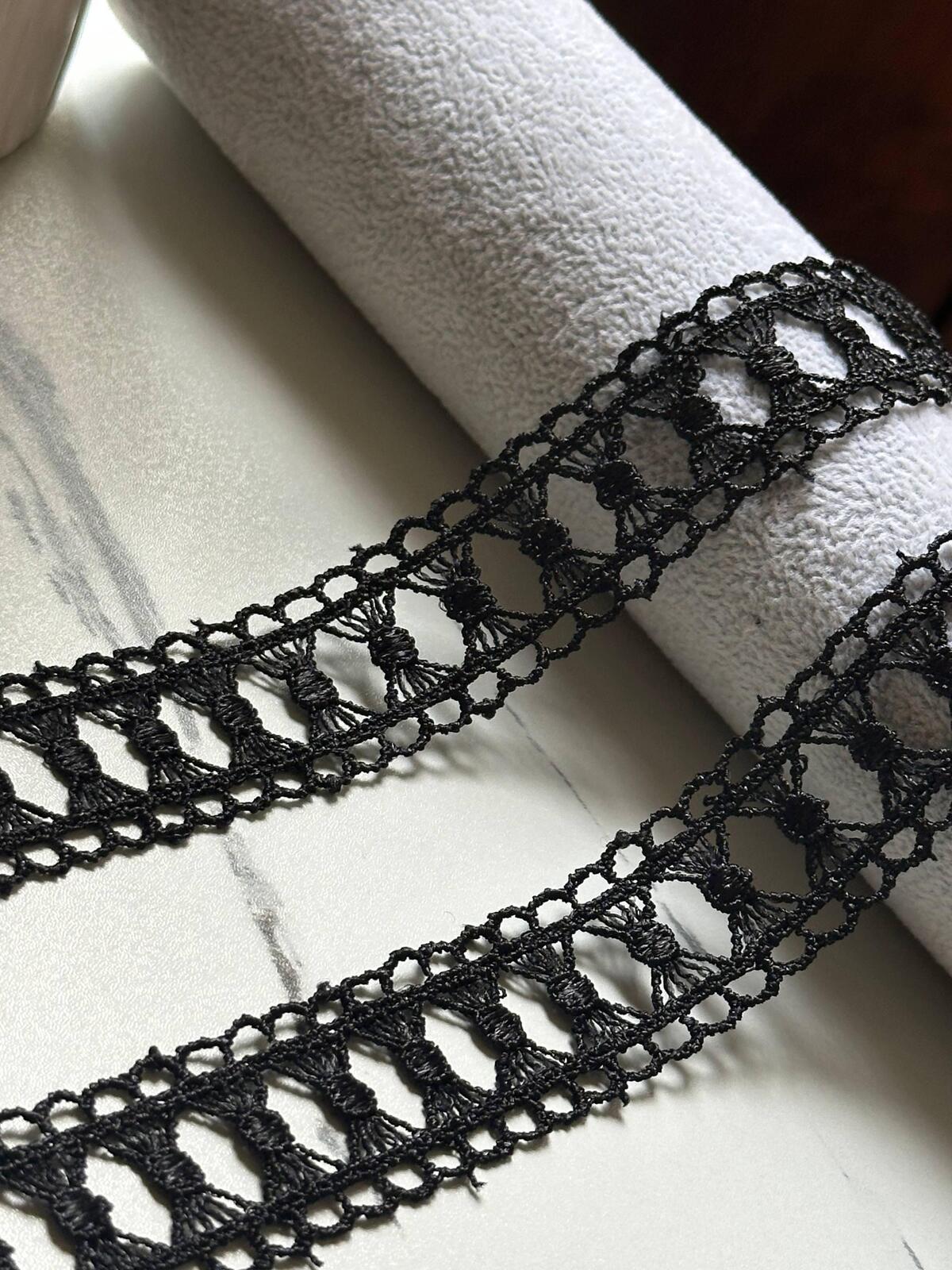 Black Bowknot Guipure Lace Trim by Yard, Water Soluble Ribbon, Soft Skin Friendly Coquette Craft Supply, 1", Retail Wholesale Bulk