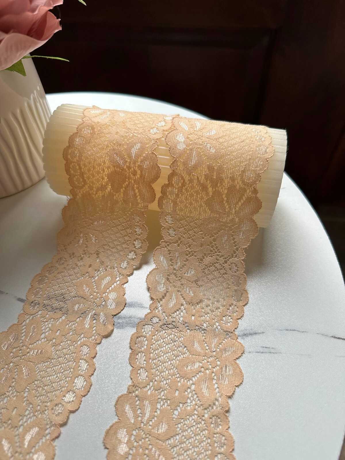 10yds Muted Apricot Peach Floral Slight Stretch Lace Trim Symmetrical Double Scalloped Thin Galloon Ribbon for Lingerie Underwear Crafts, 2"