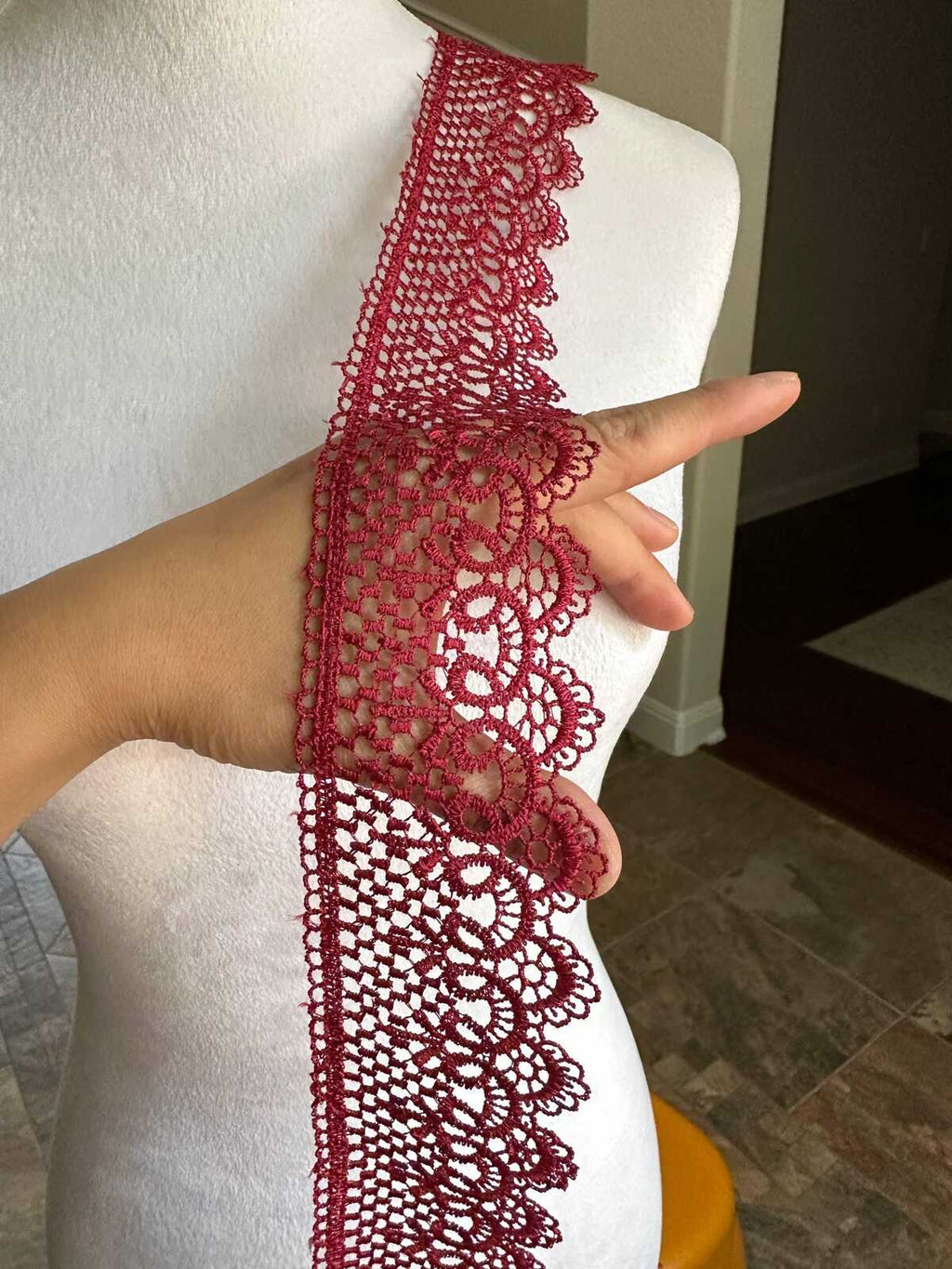 Burgundy Wine Red Venetian Guipure Chemical Water Soluble Lace Trim Symmetrical Double Scalloped Non Stretch Ribbon for Gowns Crafts, 2.5"