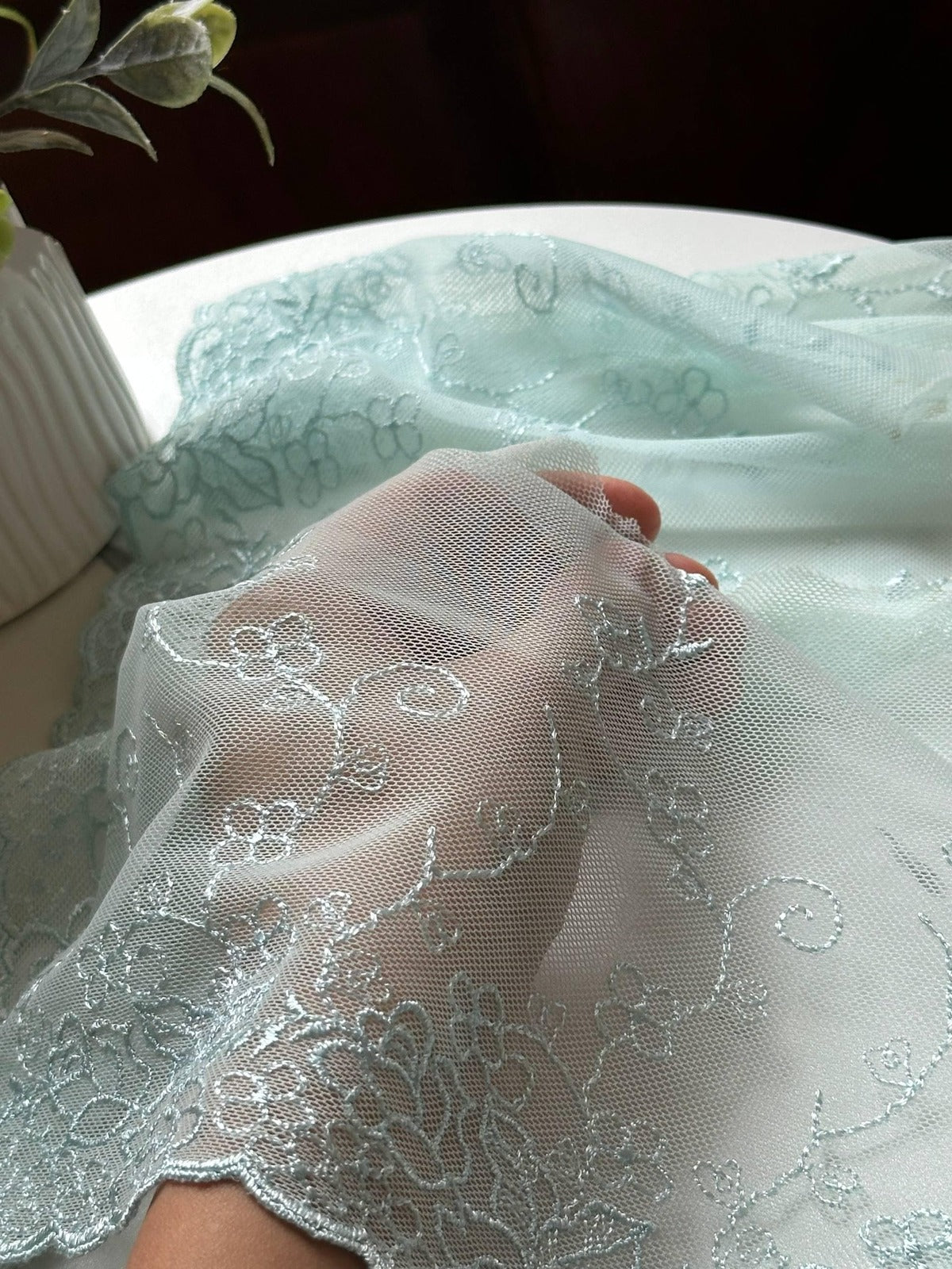 Mint Green Embroidered Tulle Lace Trim, Ultra Soft Sheer Mesh Ribbon, Coquette Craft Supply, 7", Retail Wholesale Bulk