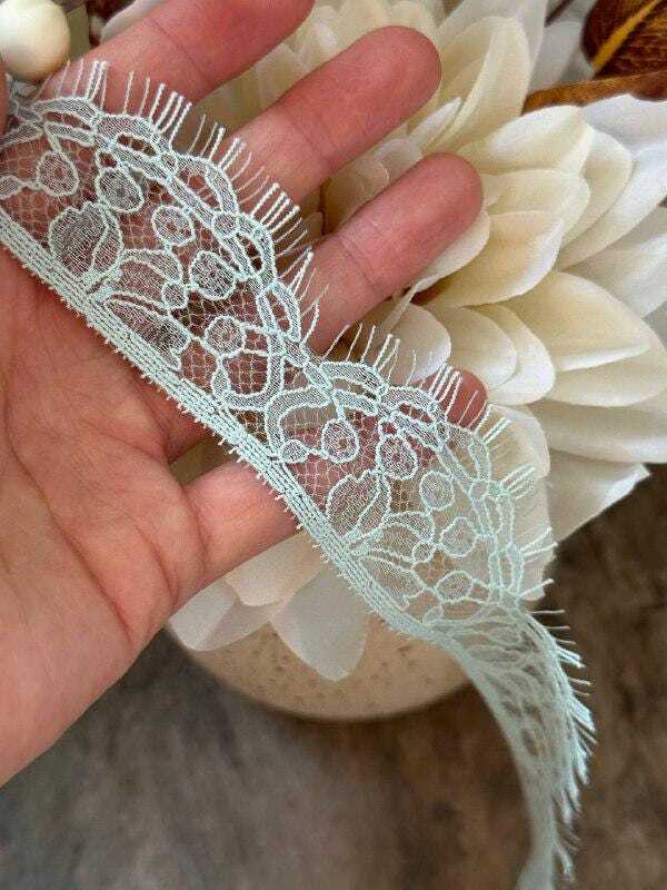 Sage Foam Green Floral Eyelash Lace Trim, 1.5 Yard Piece, Delicate Scalloped Eyelash Ribbon for Crafts, 1.25", Retail Wholesale Bulk